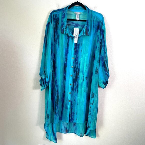 NEW Catherines Womens Plus 5X Button Up Tunic Top Mid Length Roll Tab Sleeve - Picture 1 of 11